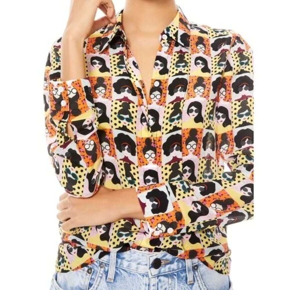 NWT Alice + Olivia Silk Willa Stace Tribe Face Blouse Shirt Sm 2 4 Mod - Picture 2 of 11